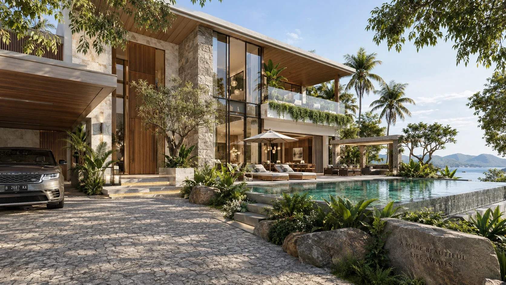 Coastal residence design study with planted terraces and an infinity pool