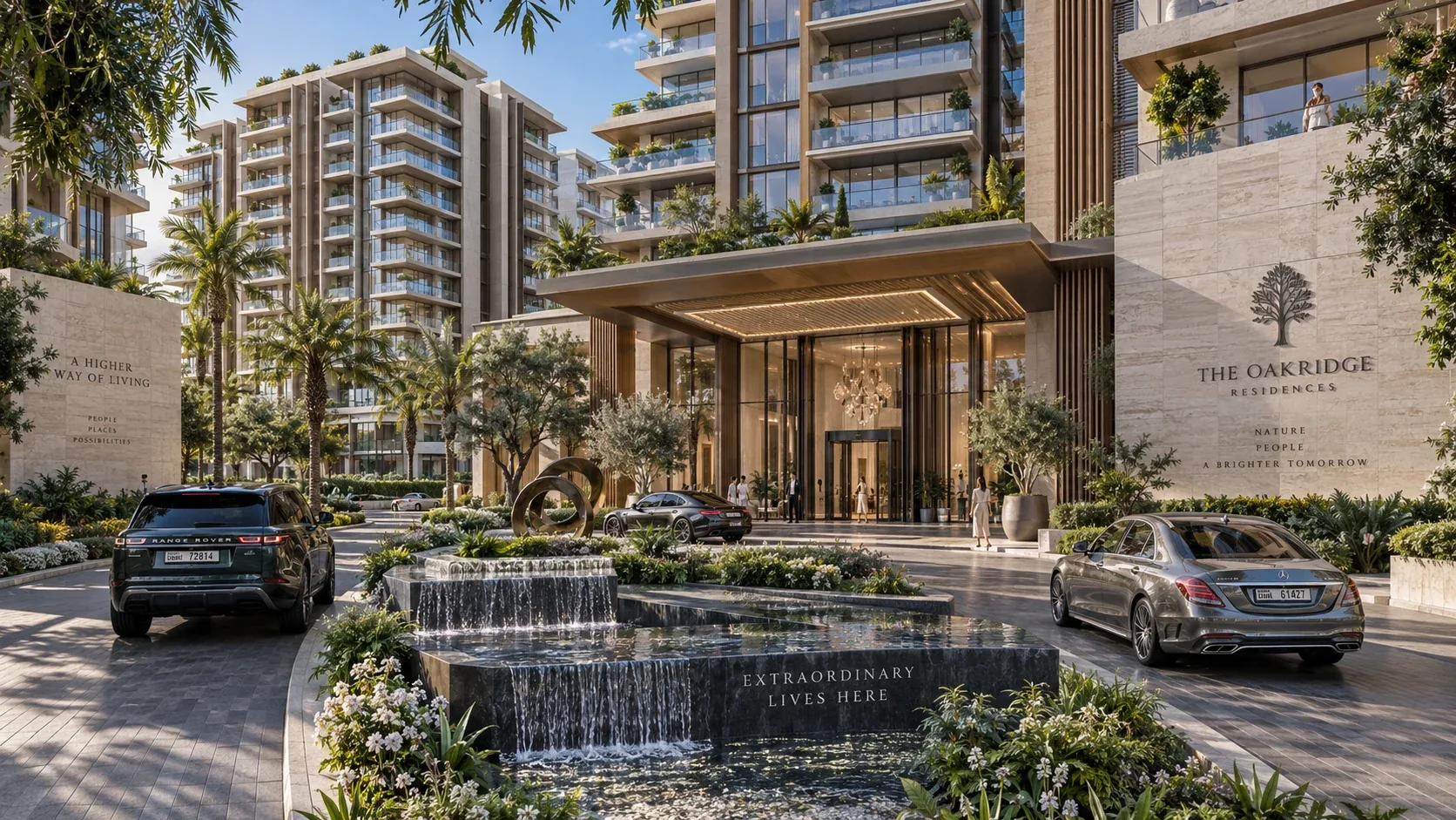 The Oakridge residential arrival design study with planted forecourt and water feature